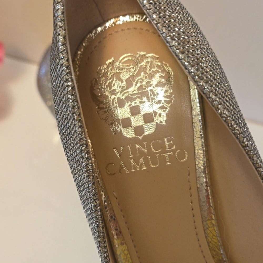 Vince Camuto Kiley Peep Toe Flash Gold Glitter Heels 7.5 EUC - Picture 4 of 12